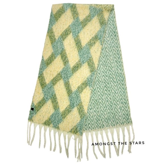 Green, Yellow & White Geometric Chevron Fringe Blanket Scarf - Picture 2 of 7
